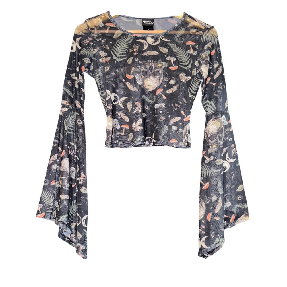 Thorn & Fable Mushroom Skulls Bell‎ Sleeve Mesh Cropped Top Sz Small Witchy Goth